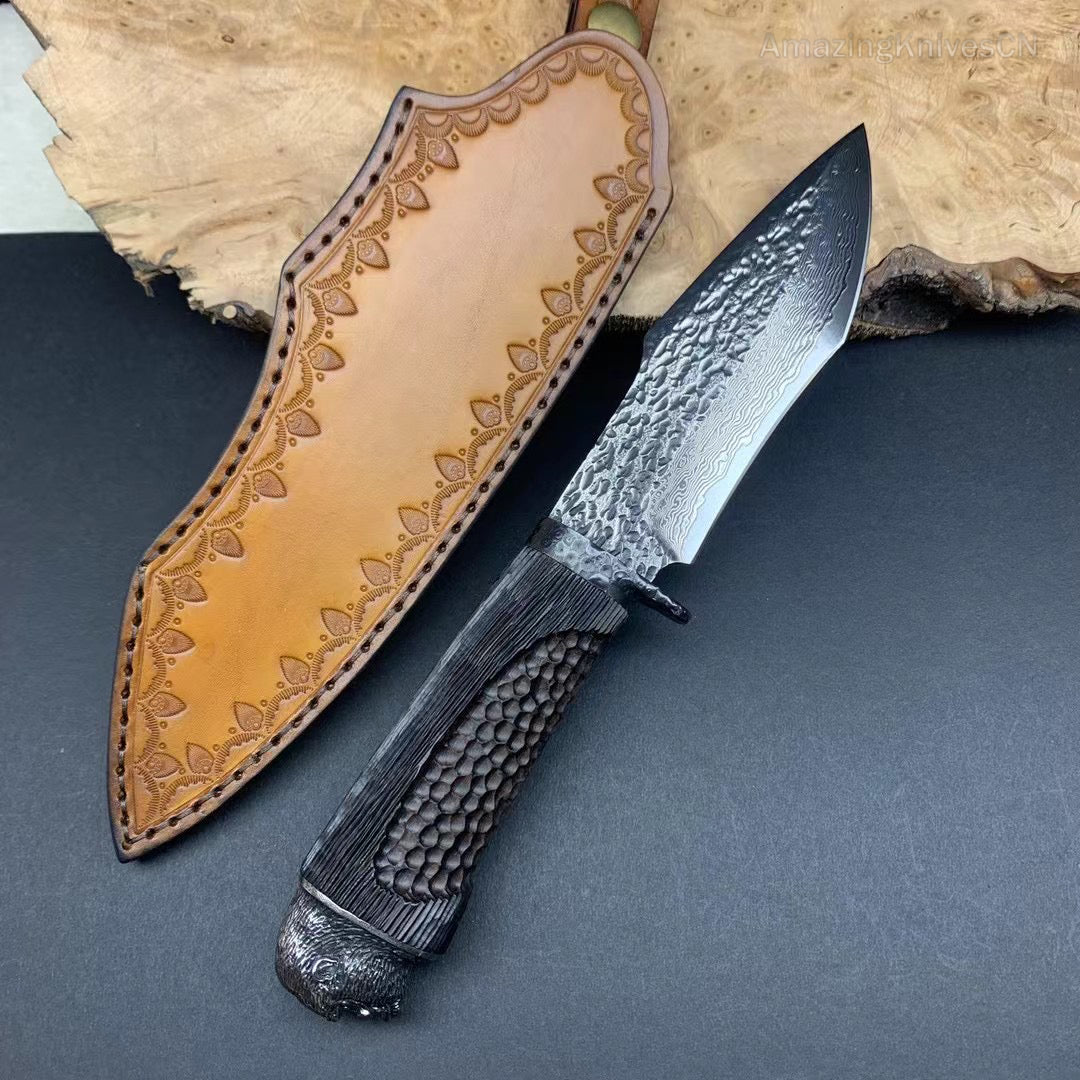 Vg10 Damascus Survival Hunting Knife Fixed Blade Ebony Black Carved Gorilla Head - AK-HT0345