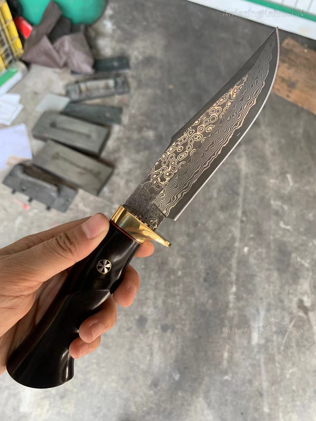 Damascus Hunting Knife Outdoor Survival Knife Purpleheart Wood w/ Leather Sheath - AK-HT0904