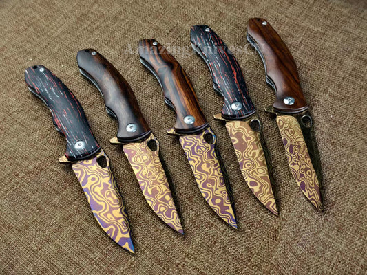 Collectible Nickel Damascus Folding Knife Pocket Knife with Leather Sheath - AK-HT1009