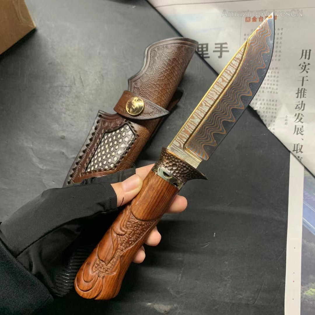 Collectible Handcrafted Copper Damascus Steel Knife Full Tang Desert Ironwood - AK-HT0910-1