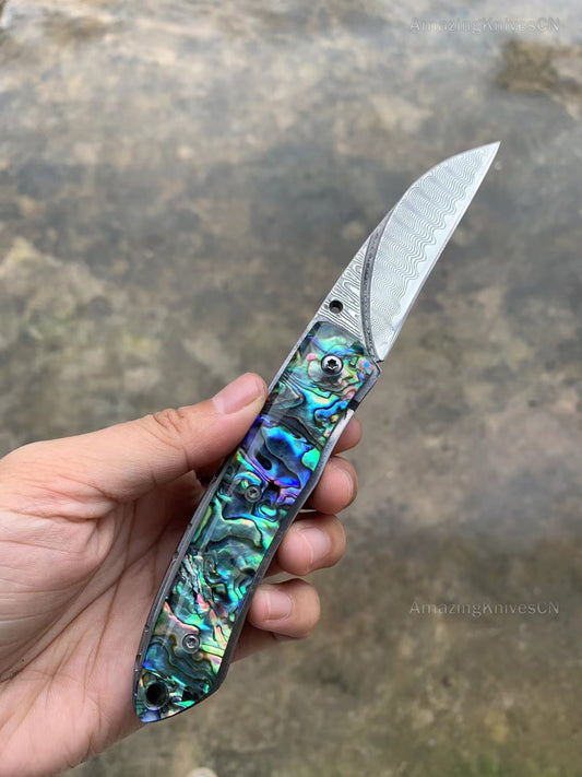 Collectible Damascus Folding Knife Camping Pocket Knife Shell - AK-HT0933