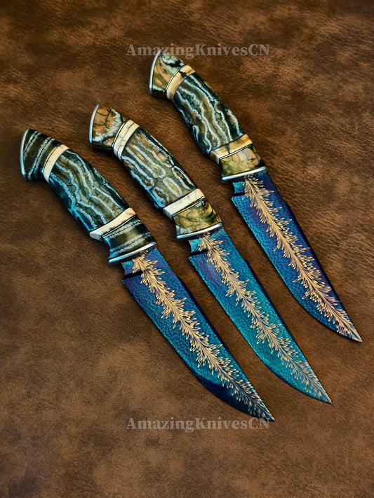 Top Tier Collectible Handforged Feather Damacus Steel Knife Mammoth Molar Fossil with Leather Sheath - AK-HT1026
