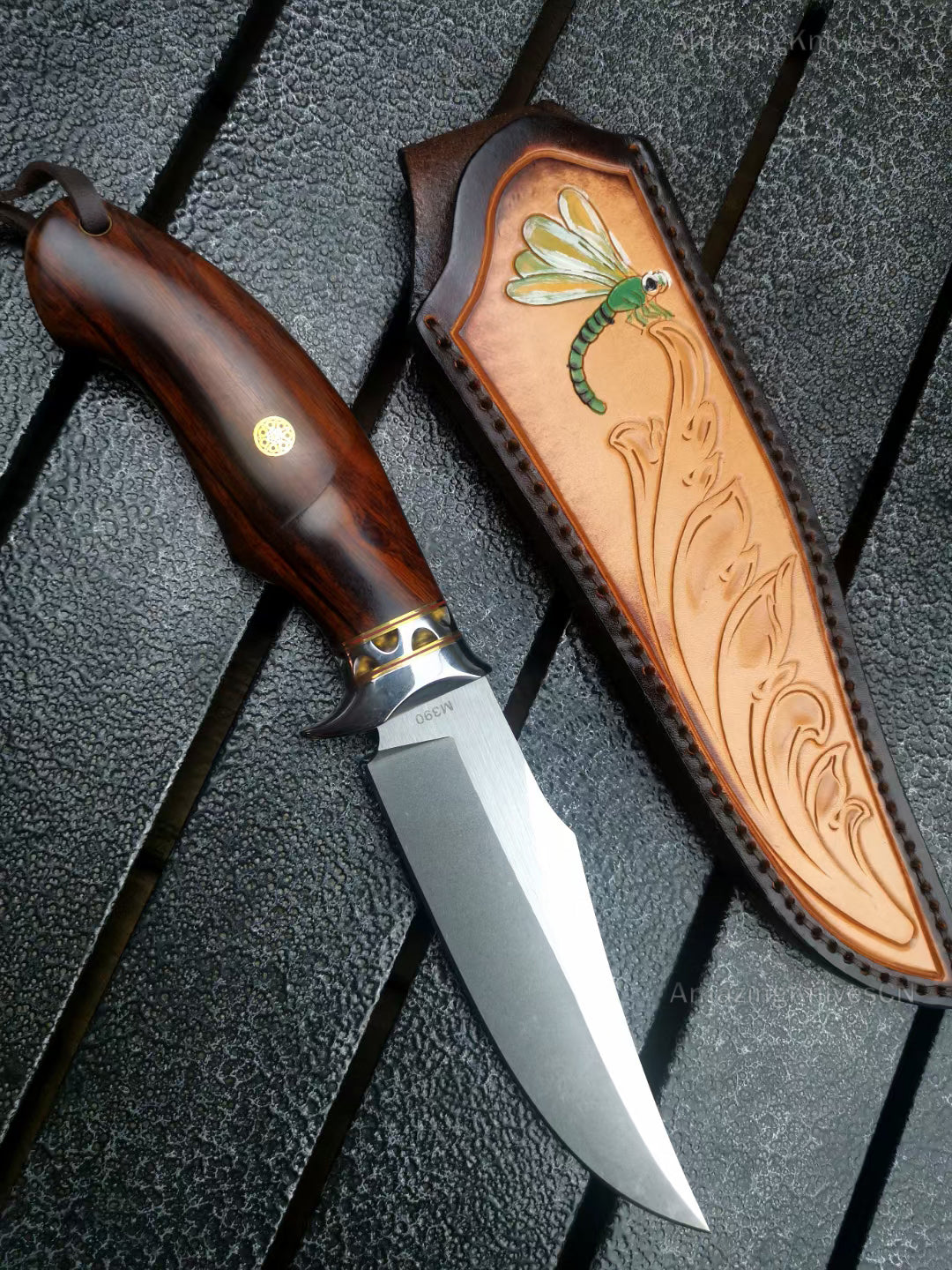 High Quality M390 Steel Bowie Knife Fixed Blade Ironwood Handle with Leather Sheath - AK-HT0853