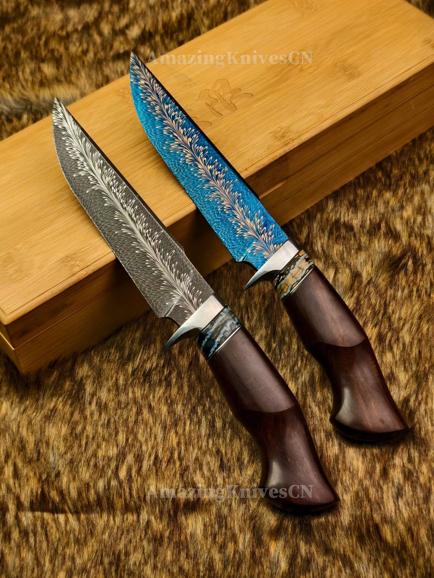 Top Tier Collectible Knife Luxury Handforged Feather Damacus Steel Bowie Knife with Leather Sheath - AK-HT1013