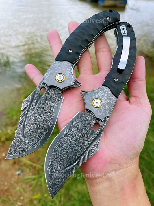 Heavy-Duty Damascus Folding Knife – VG10 Bearing Quick-Open, Ebony Handle, Collectors’ Edition - AK-HT1008