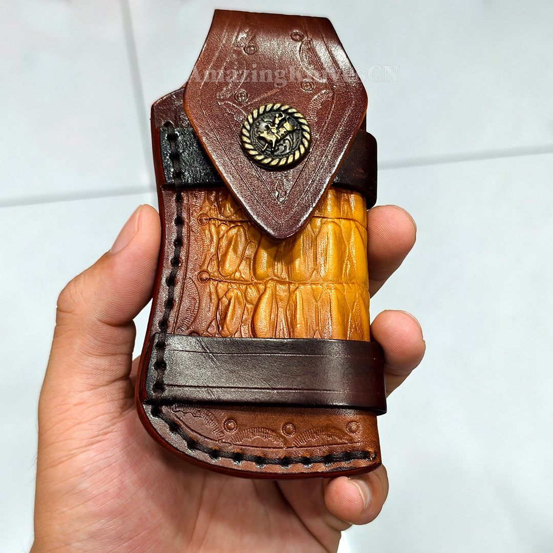 Collectible Feather Knife Folding Pocket Knife Survival Tactical Ball Bearing Flipper with Leather Sheath - AK-HT1010