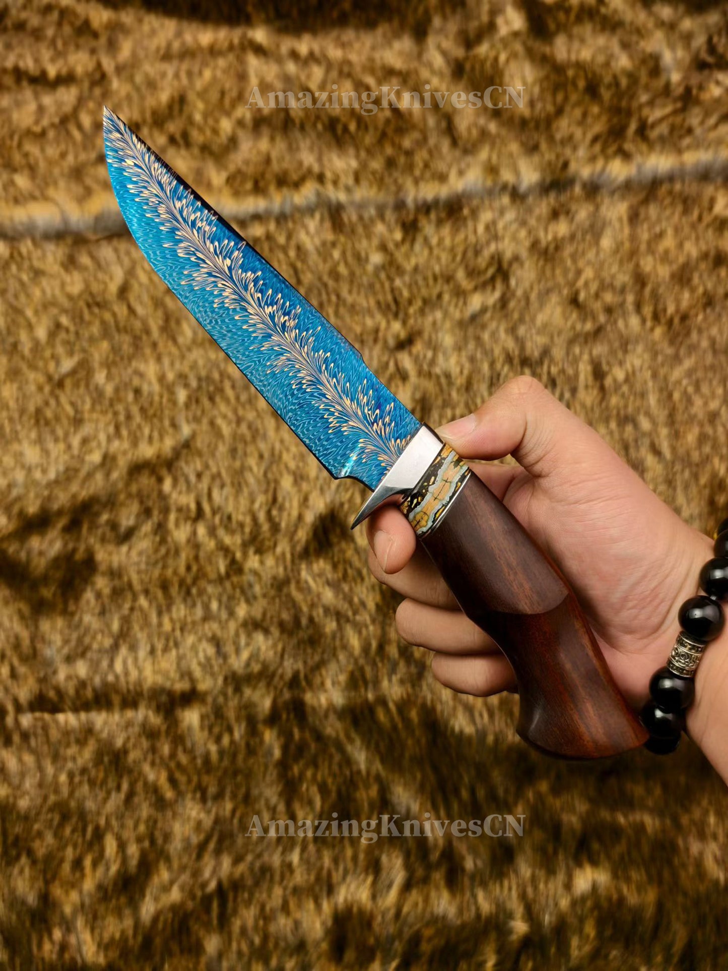 Top Tier Collectible Knife Luxury Handforged Feather Damacus Steel Bowie Knife with Leather Sheath - AK-HT1013