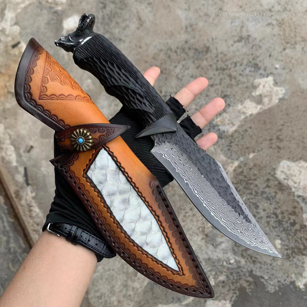 Forged VG10 Damascus Steel Hunting Knife Survival Knife Bowie Black Goat Head - AK-HT0731-D