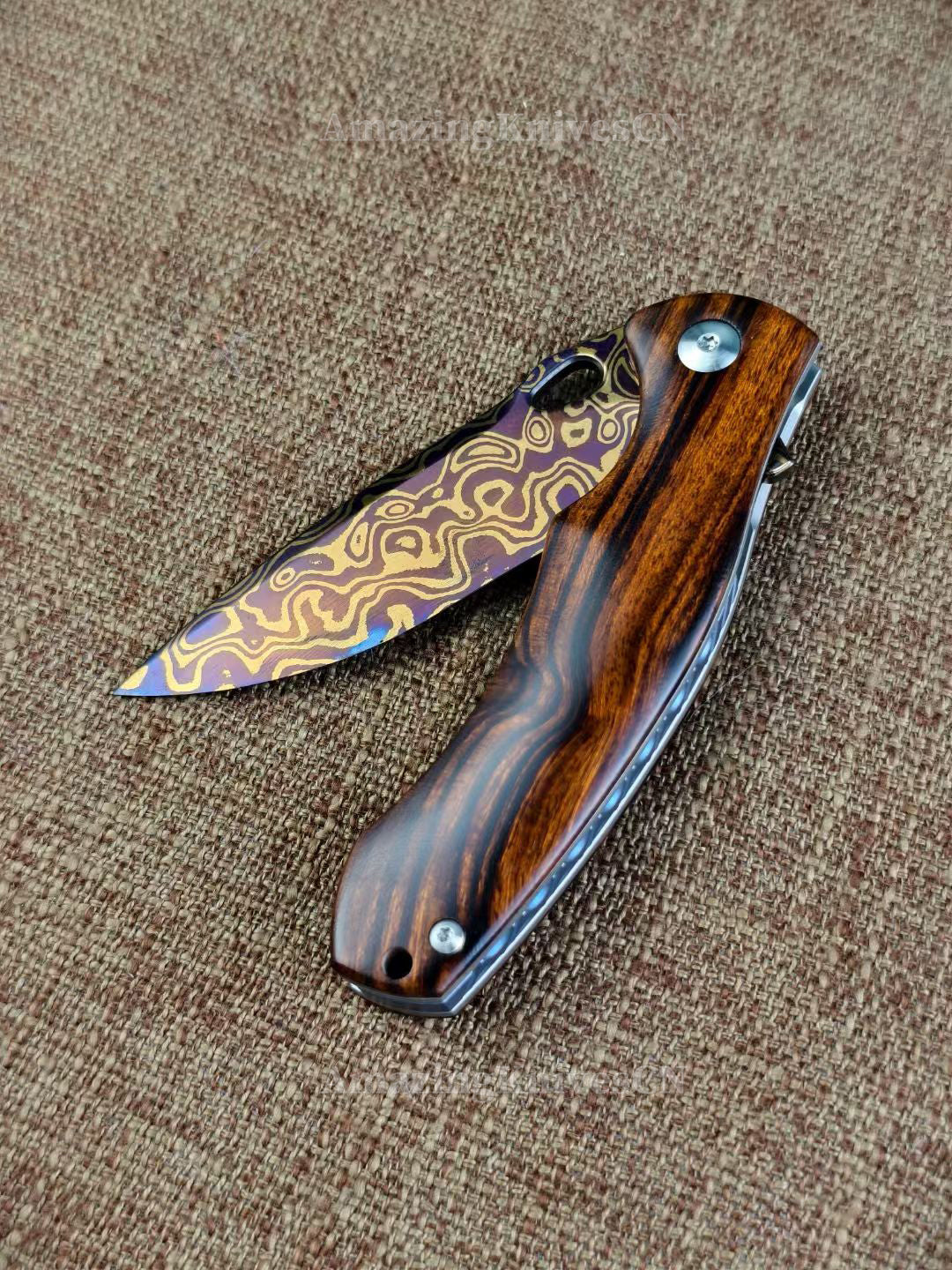 Collectible Nickel Damascus Folding Knife Pocket Knife with Leather Sheath - AK-HT1009