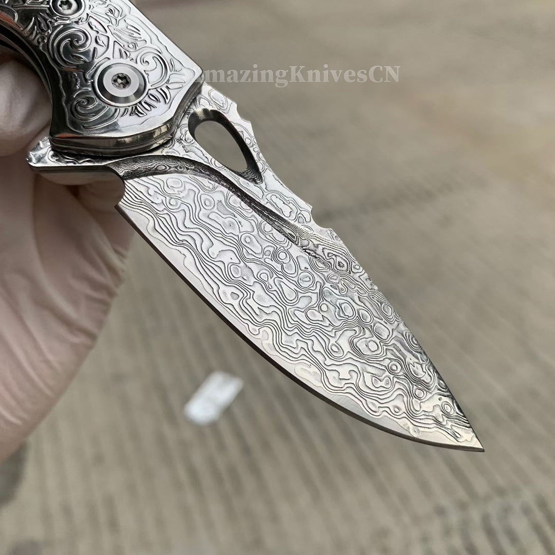 VG10 Damascus Steel Pocket Knife Desert Ironwood Handle Ball Bearing with Clip - AK-HT1012