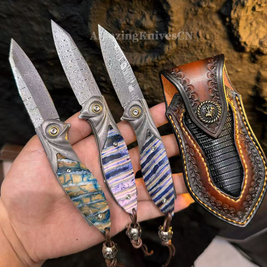 Rare Handcrafted High End Powder Steel Damascus Folding Knife- AK-HT1065