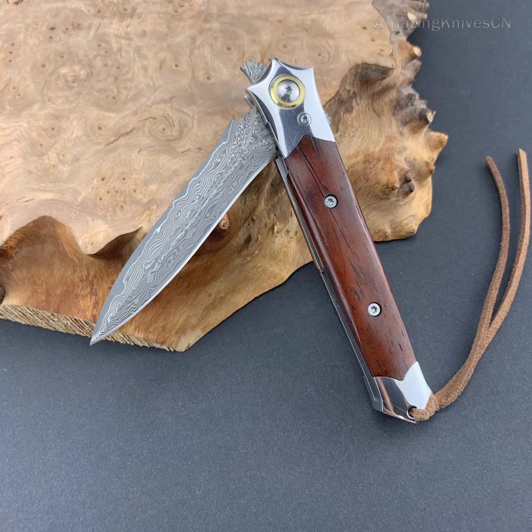 Damascus Steel Flipper Knife Folding Blade Tactical Knife Needle Point - AK-HT0919