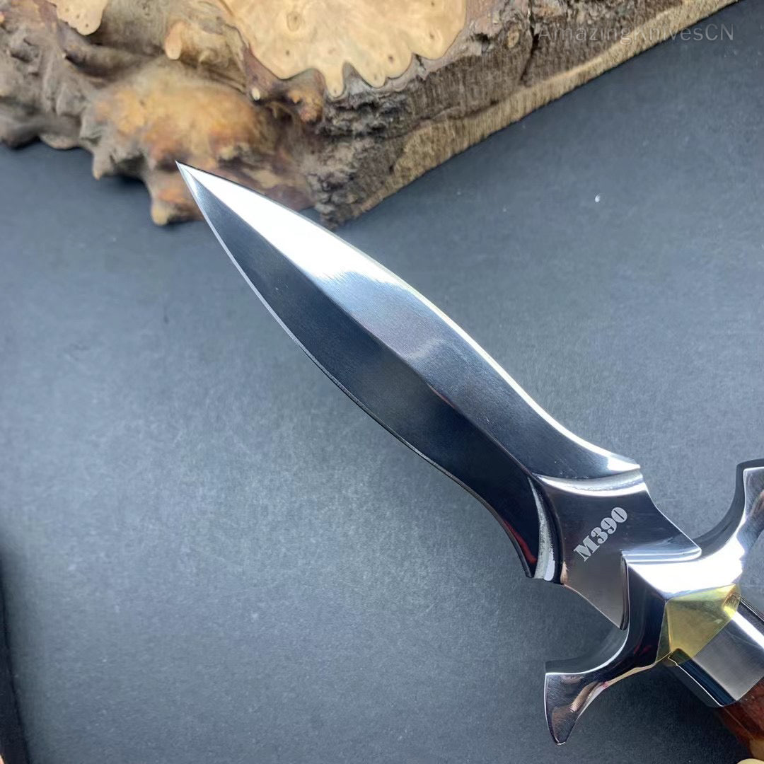 Handmade Dagger M390/Damascus Blade Knife Double Cutting Edge W/ Sheath Wood Edc - AK-HT0613
