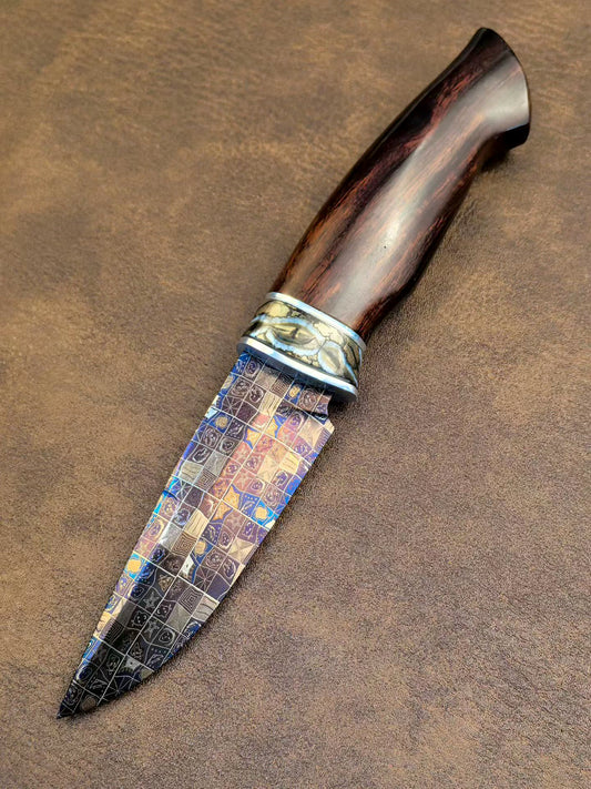Blued Mosaic Damascus Fixed Blade Mammoth Molar Fossil & Desert Ironwood Edition - AK-HT1062