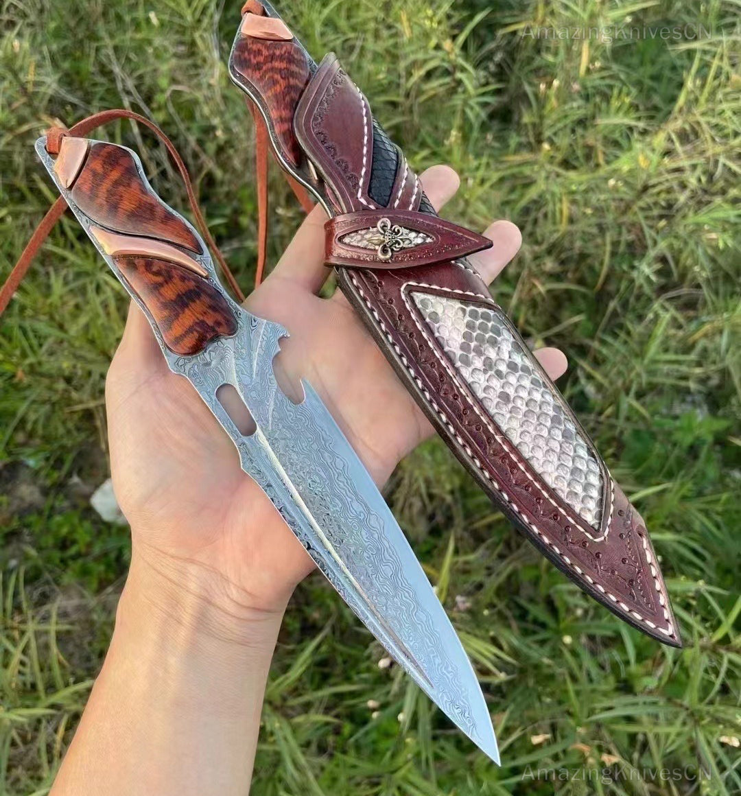 Japanese VG10 Damascus Steel Survival Hunting Knife Tactical Blood Grooved Full Tang - AK-HT0302