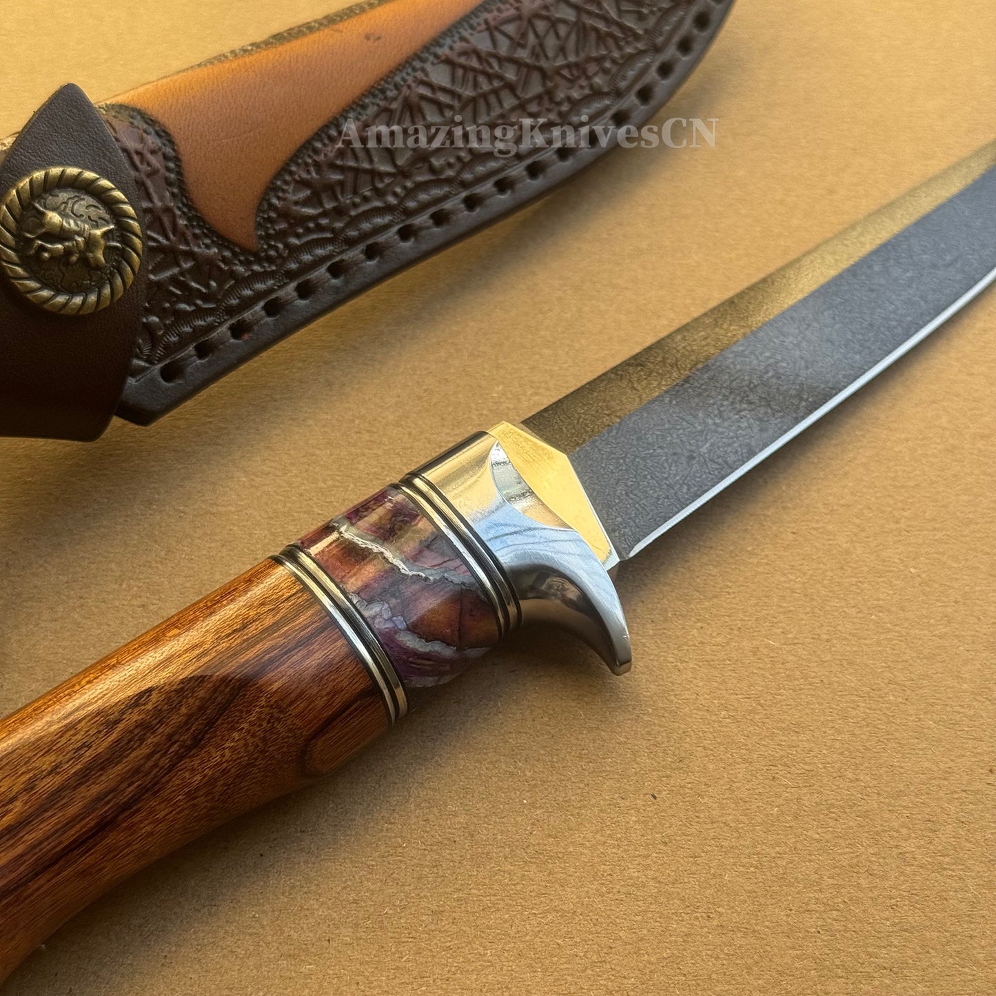 Handcrafted Wootz Steel Fixed Blade Bowie Collectible Knife Desert Ironwood Handle with Leather Sheath - AK-HT0957