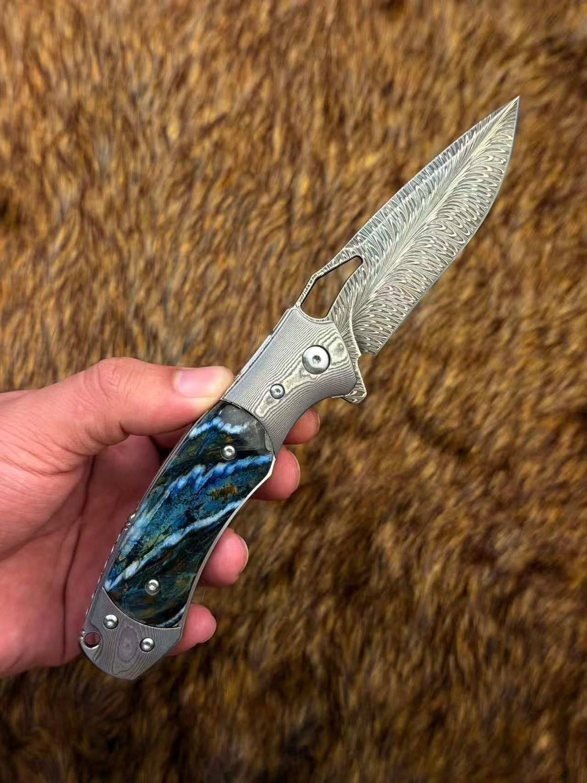 Hand Forged Feather Damascus Steel Folding Knife Mammoth Molar Fossil Handle - AK-HT1075
