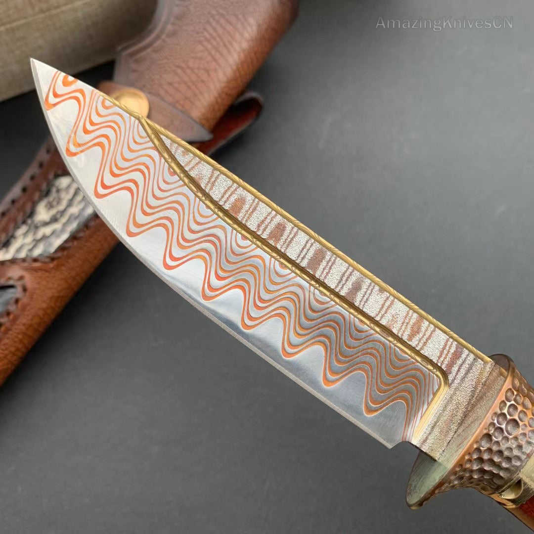 Collectible Handcrafted Copper Damascus Steel Knife Full Tang Desert Ironwood - AK-HT0910-1