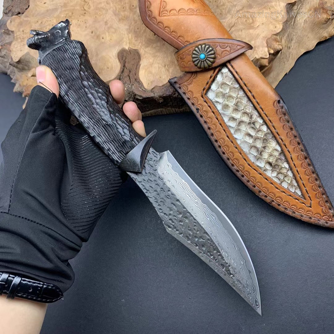 Forged VG10 Damascus Steel Hunting Knife Survival Knife Bowie Black Goat Head - AK-HT0731-D