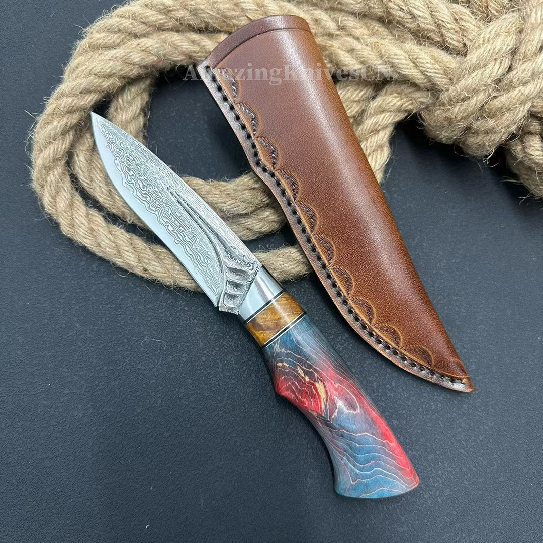 Handcrafted Damascus Vg10 Hunting Knife Survival Fixed Blade With Leather Sheath - AK-HT0935-S