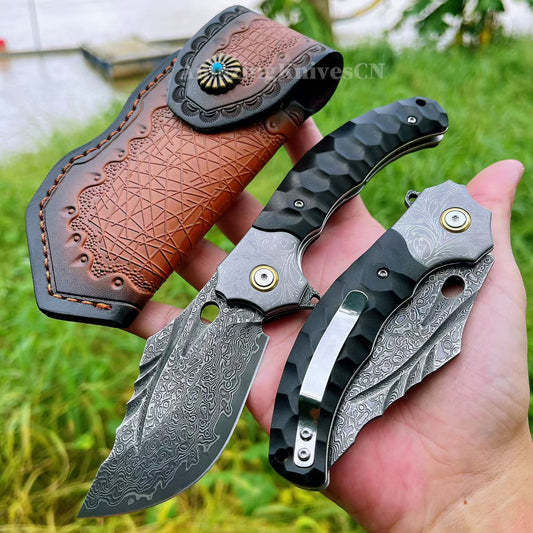 Heavy-Duty Damascus Folding Knife – VG10 Bearing Quick-Open, Ebony Handle, Collectors’ Edition - AK-HT1008