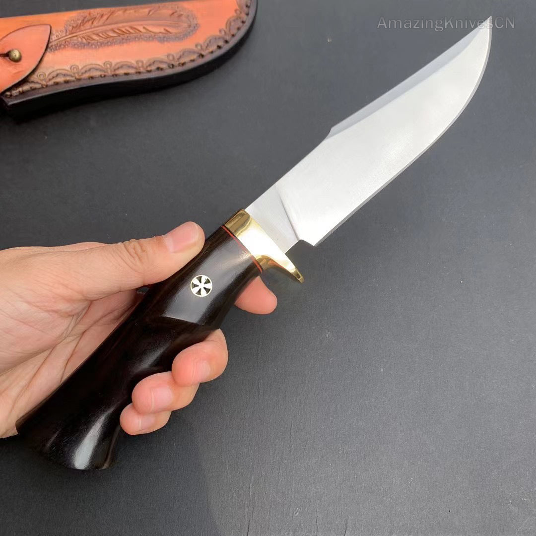 Damascus Hunting Knife Outdoor Survival Knife Purpleheart Wood w/ Leather Sheath - AK-HT0904