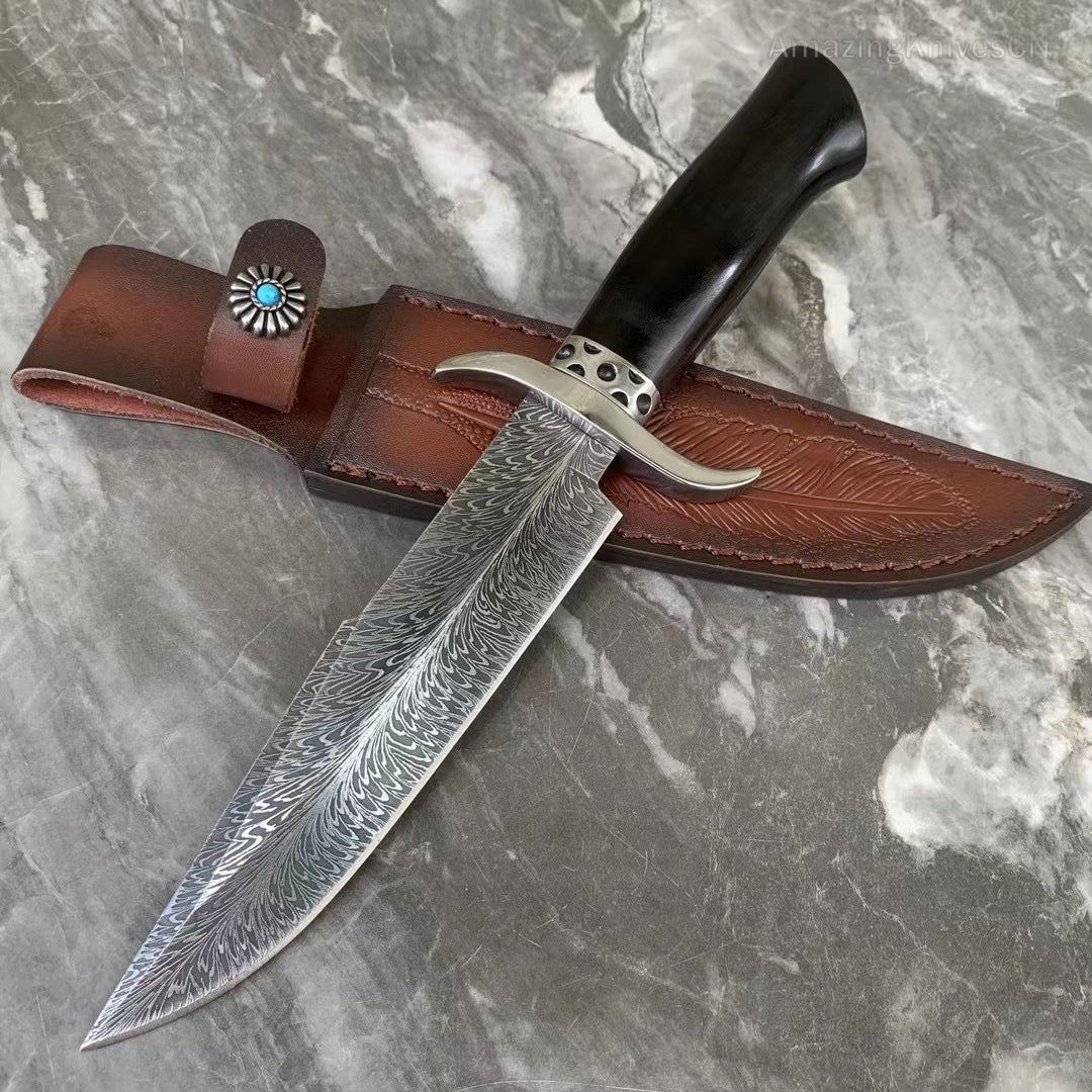 Stainless Steel Hunting Knife Feather Pattern Survival Fixed Blade Bowie - AK-HT0498-B