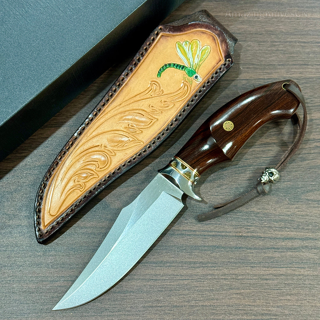 High Quality M390 Steel Bowie Knife Fixed Blade Ironwood Handle with Leather Sheath - AK-HT0853