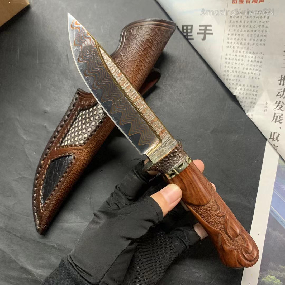 Collectible Handcrafted Copper Damascus Steel Knife Full Tang Desert Ironwood - AK-HT0910-1