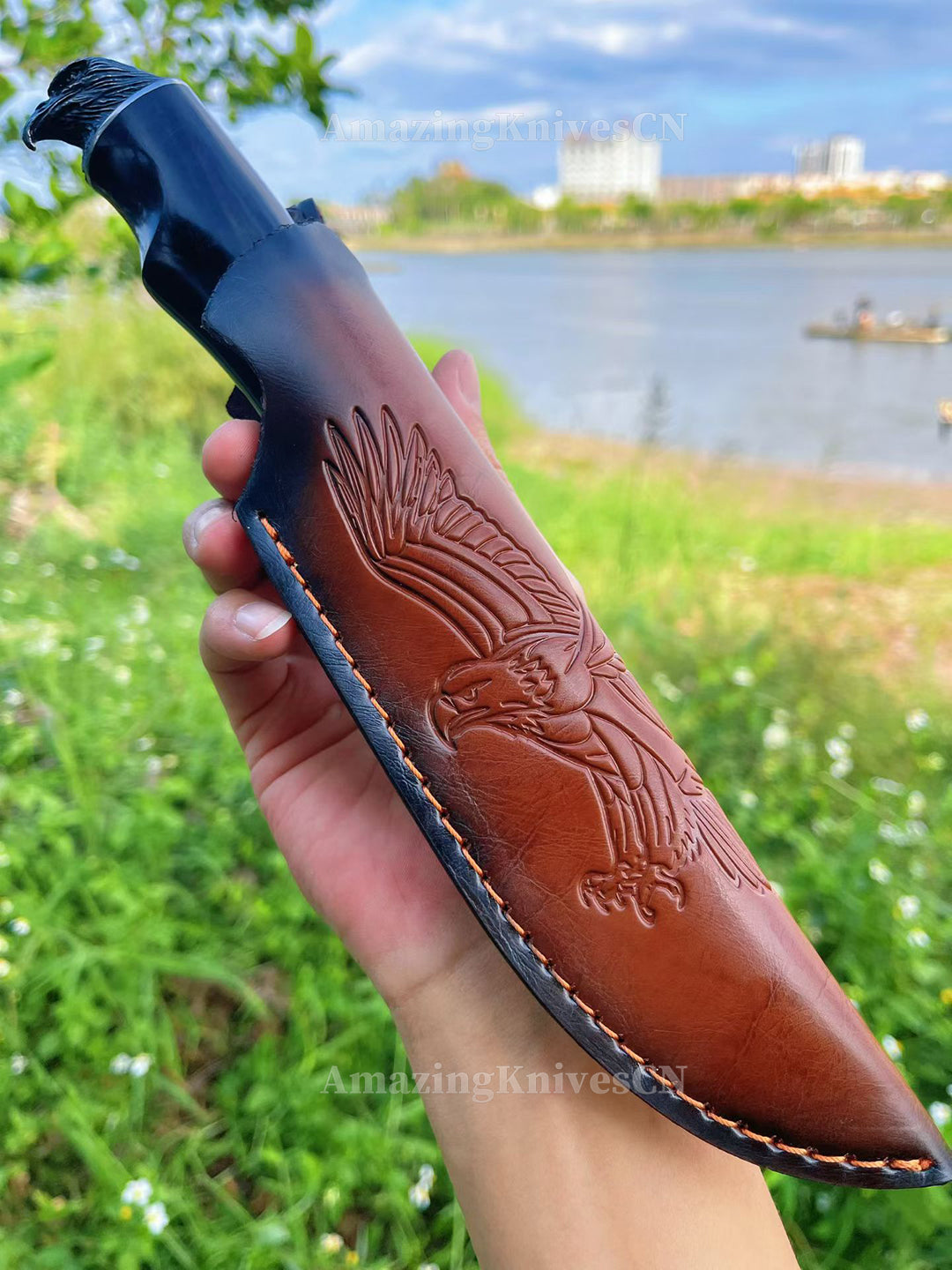 67-Layer Damascus Survival Knife with Ebony Handle and Eagle-Head Pommel - AK-HT1016