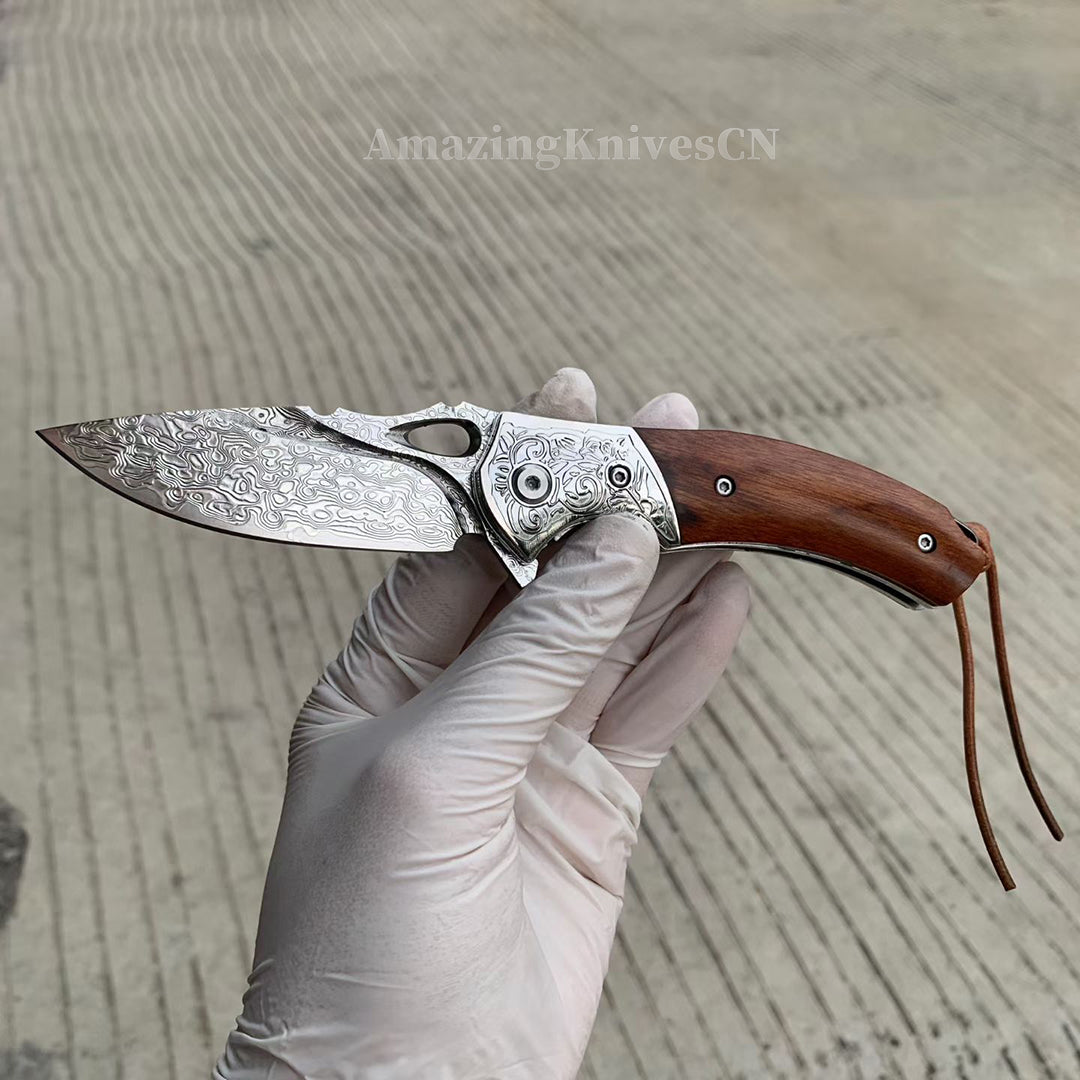 VG10 Damascus Steel Pocket Knife Desert Ironwood Handle Ball Bearing with Clip - AK-HT1012