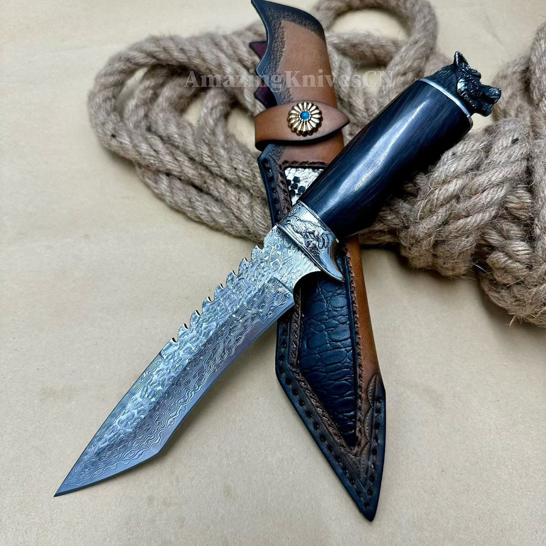 Damascus Steel Hunting Knife Bowie Survival Fixed Blade Handcrafted Wolf Head - AK-HT0463