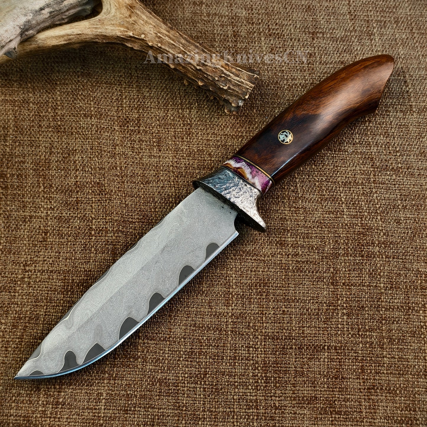 Rare Handforged Damascus Steel Ironwood Straight Hunting Outdoor Knife with Sheath- AK-HT0652-U