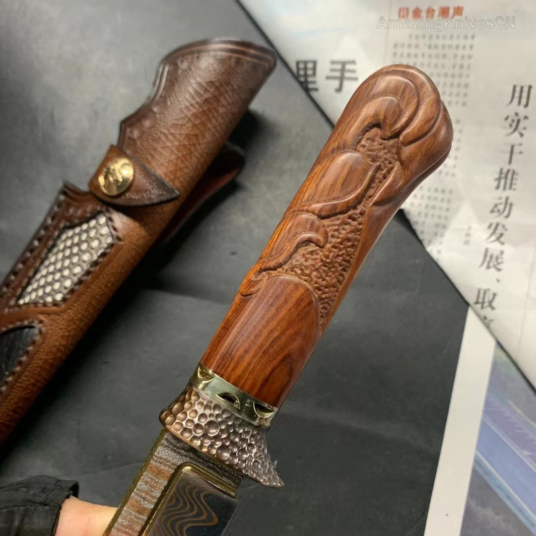 Collectible Handcrafted Copper Damascus Steel Knife Full Tang Desert Ironwood - AK-HT0910-1