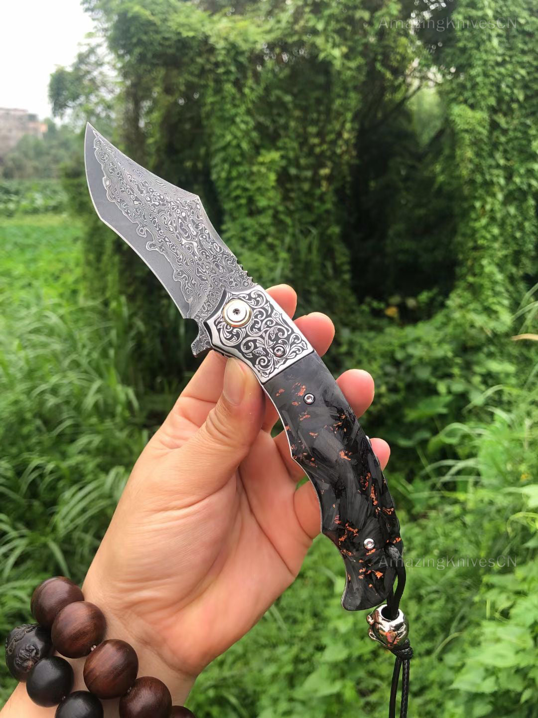 Vg10 Damascus Hunting Survival Folding Pocket Knife Carbon Fiber Ball Bearing - AK-HT0831 -C