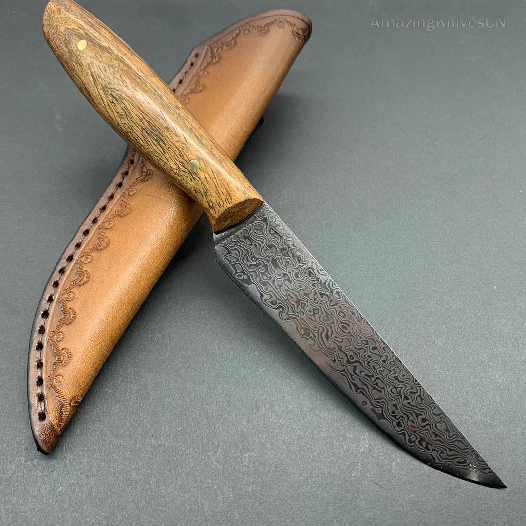 VG10 Damascus Utility Knife Paring Knife Fixed Blade Ebony Handle w/ Sheath - AK-HT0912