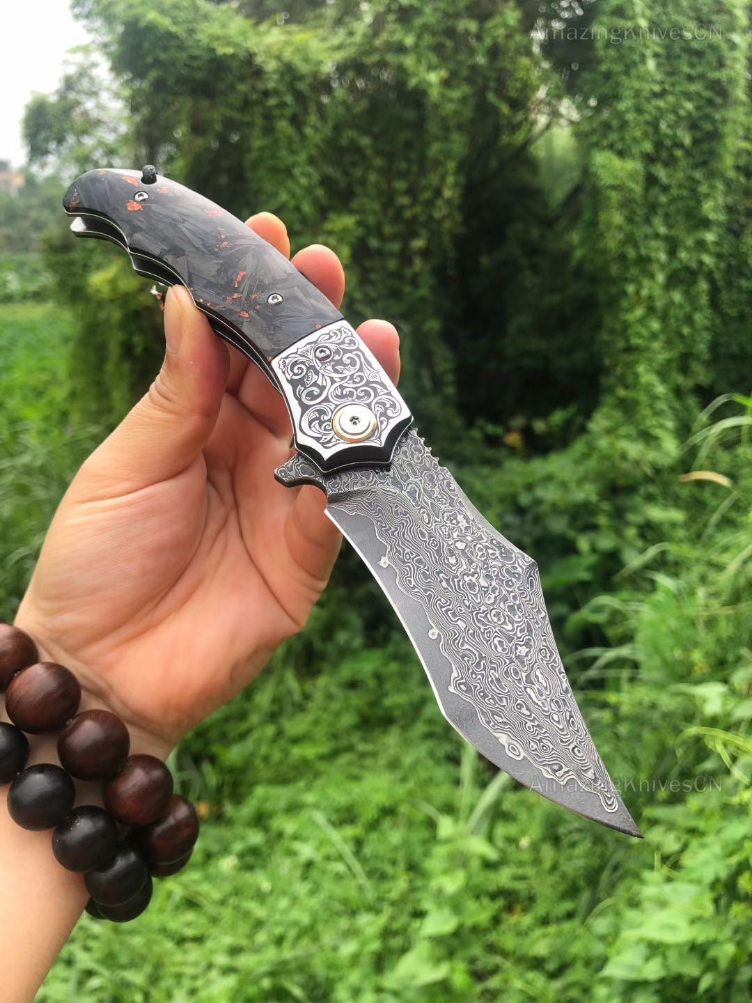 Vg10 Damascus Hunting Survival Folding Pocket Knife Carbon Fiber Ball Bearing - AK-HT0831 -C