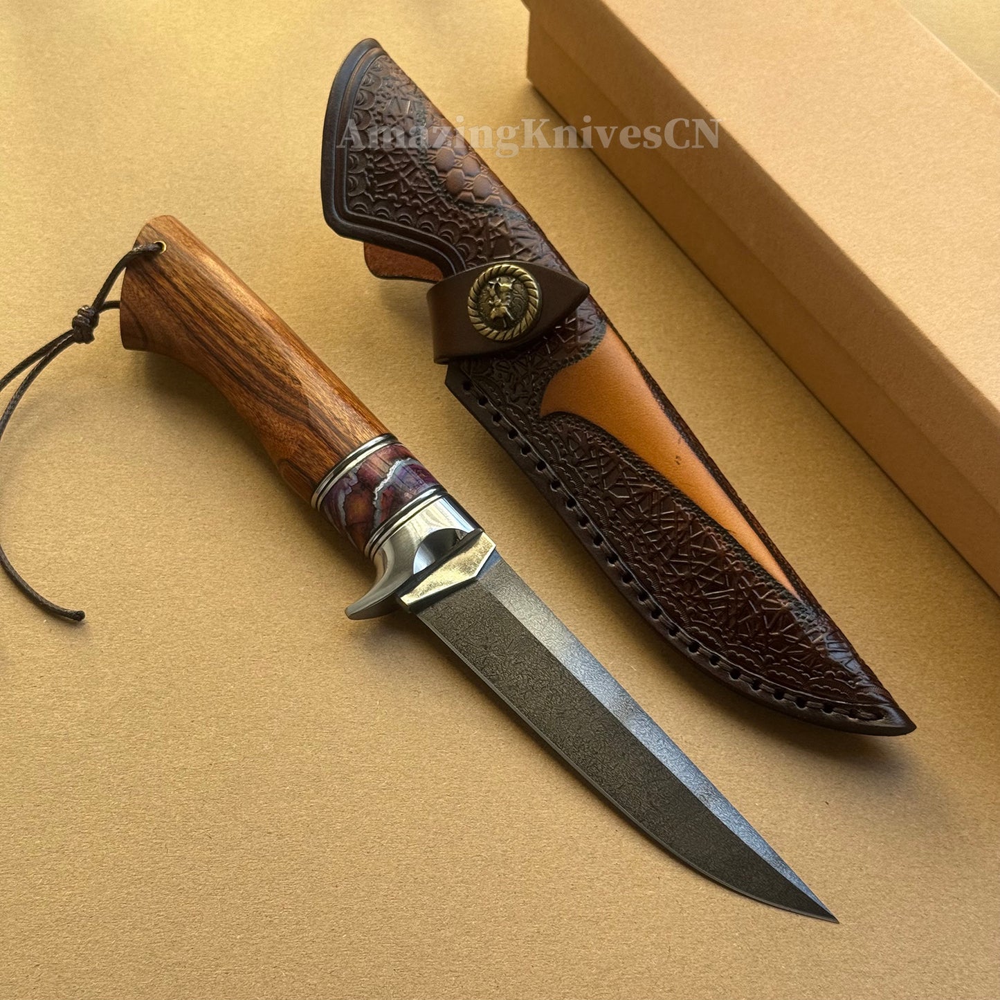 Handcrafted Wootz Steel Fixed Blade Bowie Collectible Knife Desert Ironwood Handle with Leather Sheath - AK-HT0957