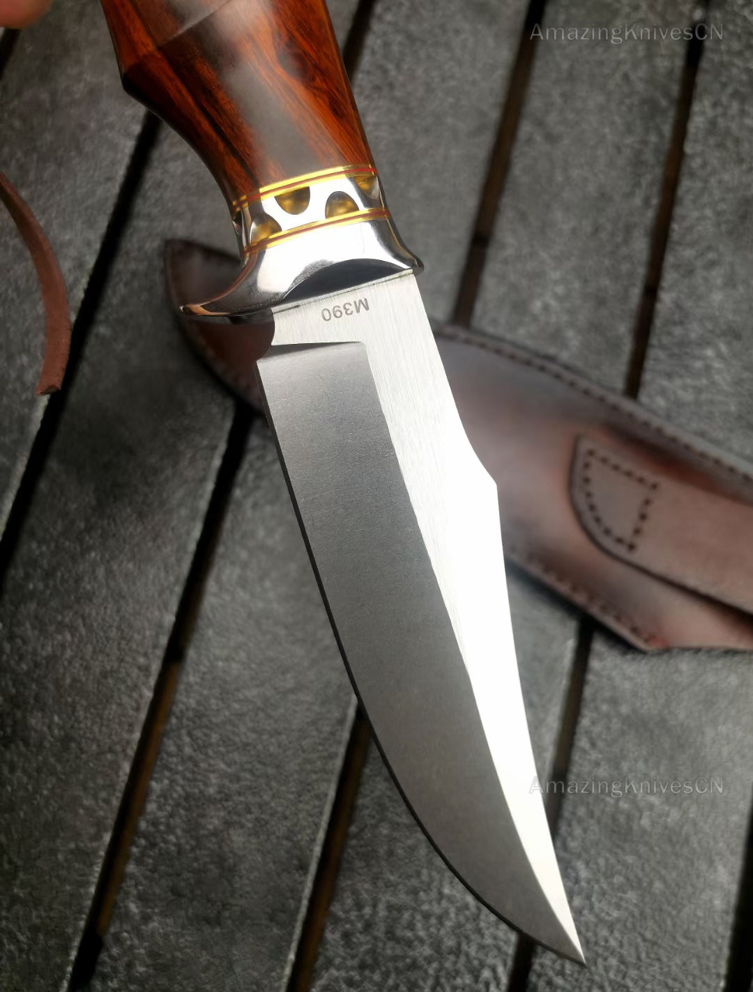 High Quality M390 Steel Bowie Knife Fixed Blade Ironwood Handle with Leather Sheath - AK-HT0853