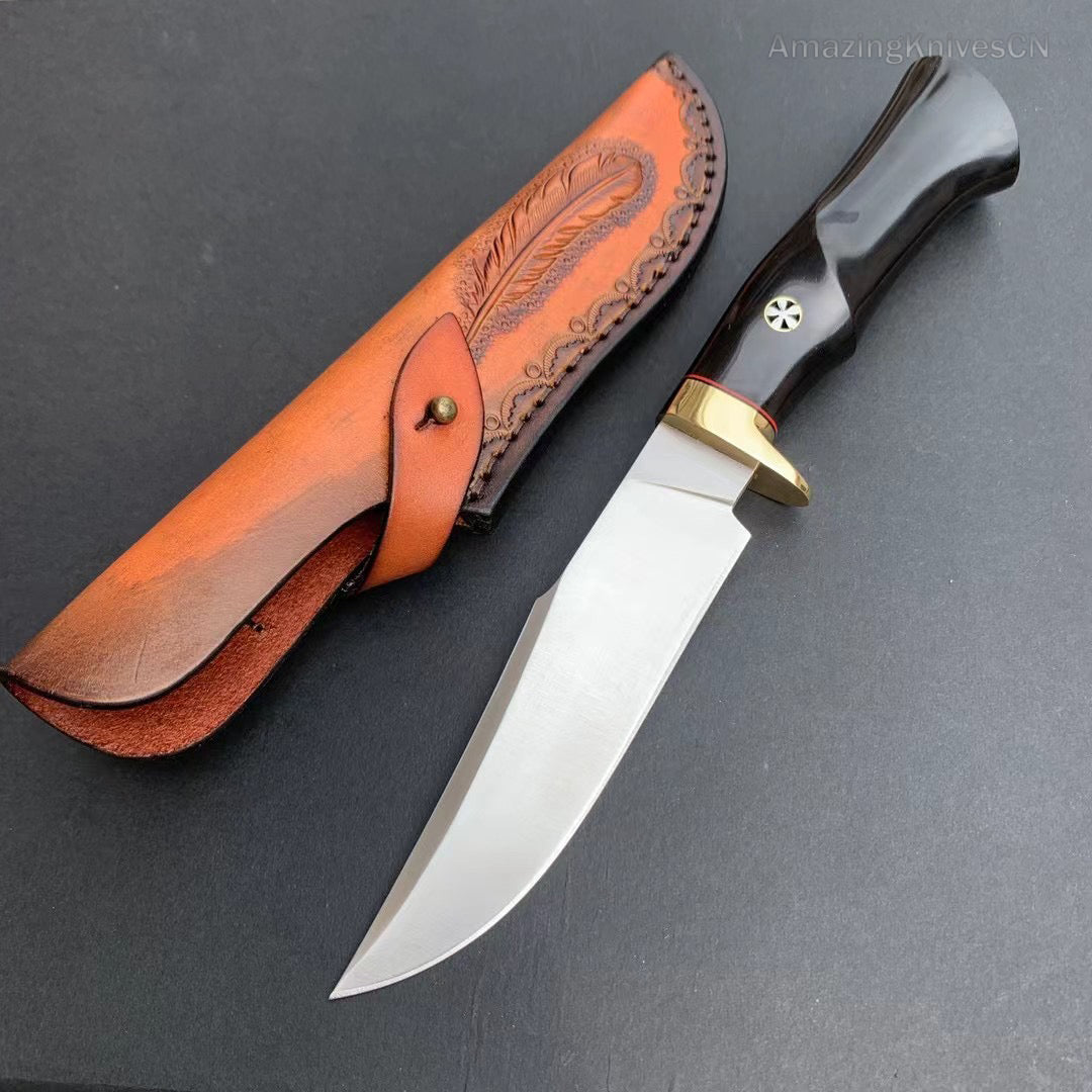 Damascus Hunting Knife Outdoor Survival Knife Purpleheart Wood w/ Leather Sheath - AK-HT0904