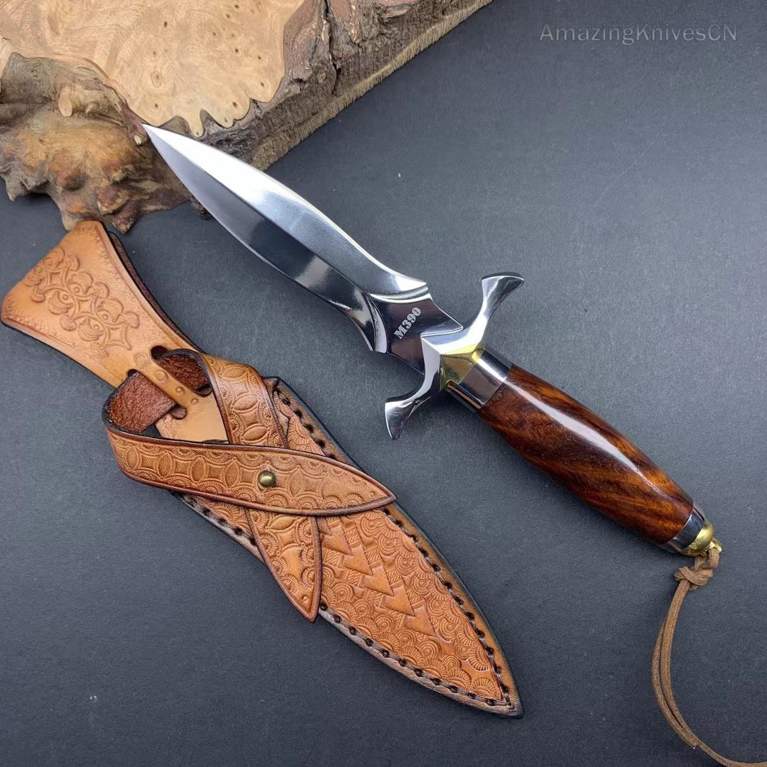 Handmade Dagger M390/Damascus Blade Knife Double Cutting Edge W/ Sheath Wood Edc - AK-HT0613