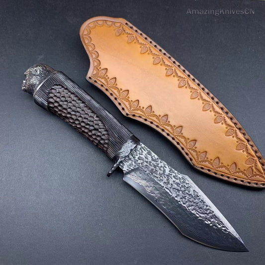 Vg10 Damascus Survival Hunting Knife Fixed Blade Ebony Black Carved Gorilla Head - AK-HT0345