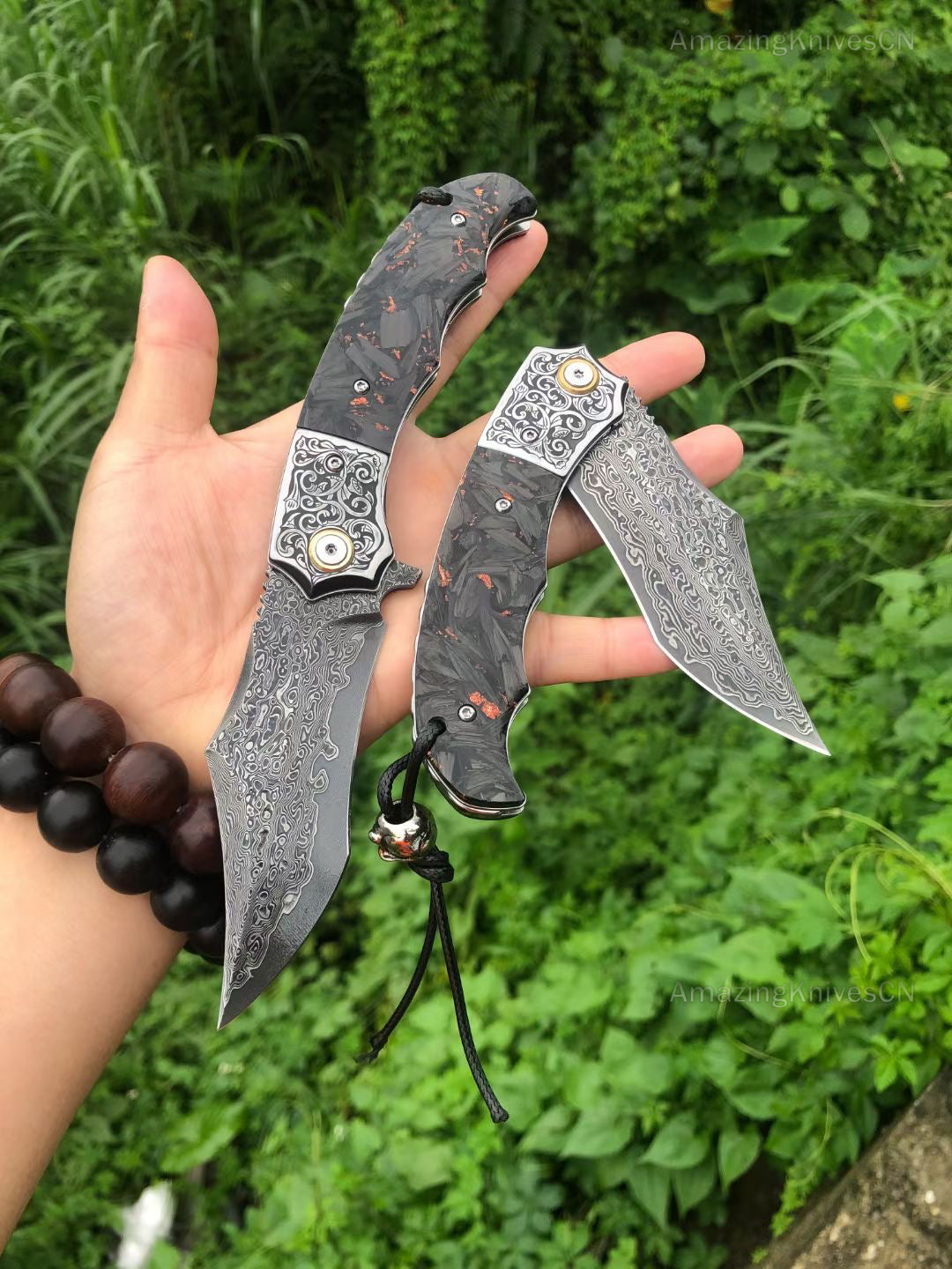 Vg10 Damascus Hunting Survival Folding Pocket Knife Carbon Fiber Ball Bearing - AK-HT0831 -C