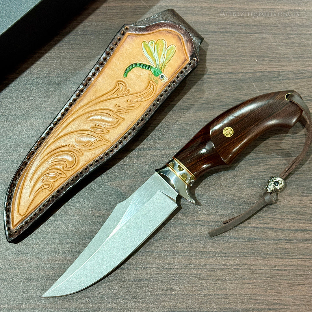 High Quality M390 Steel Bowie Knife Fixed Blade Ironwood Handle with Leather Sheath - AK-HT0853