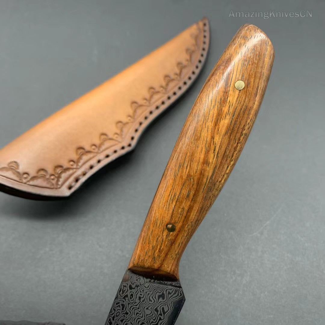 VG10 Damascus Utility Knife Paring Knife Fixed Blade Ebony Handle w/ Sheath - AK-HT0912