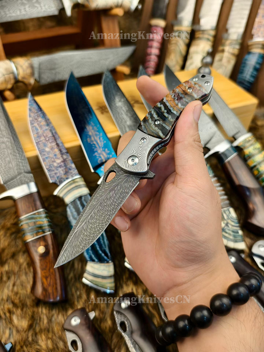 Collectible Feather Knife Folding Pocket Knife Survival Tactical Ball Bearing Flipper with Leather Sheath - AK-HT1010