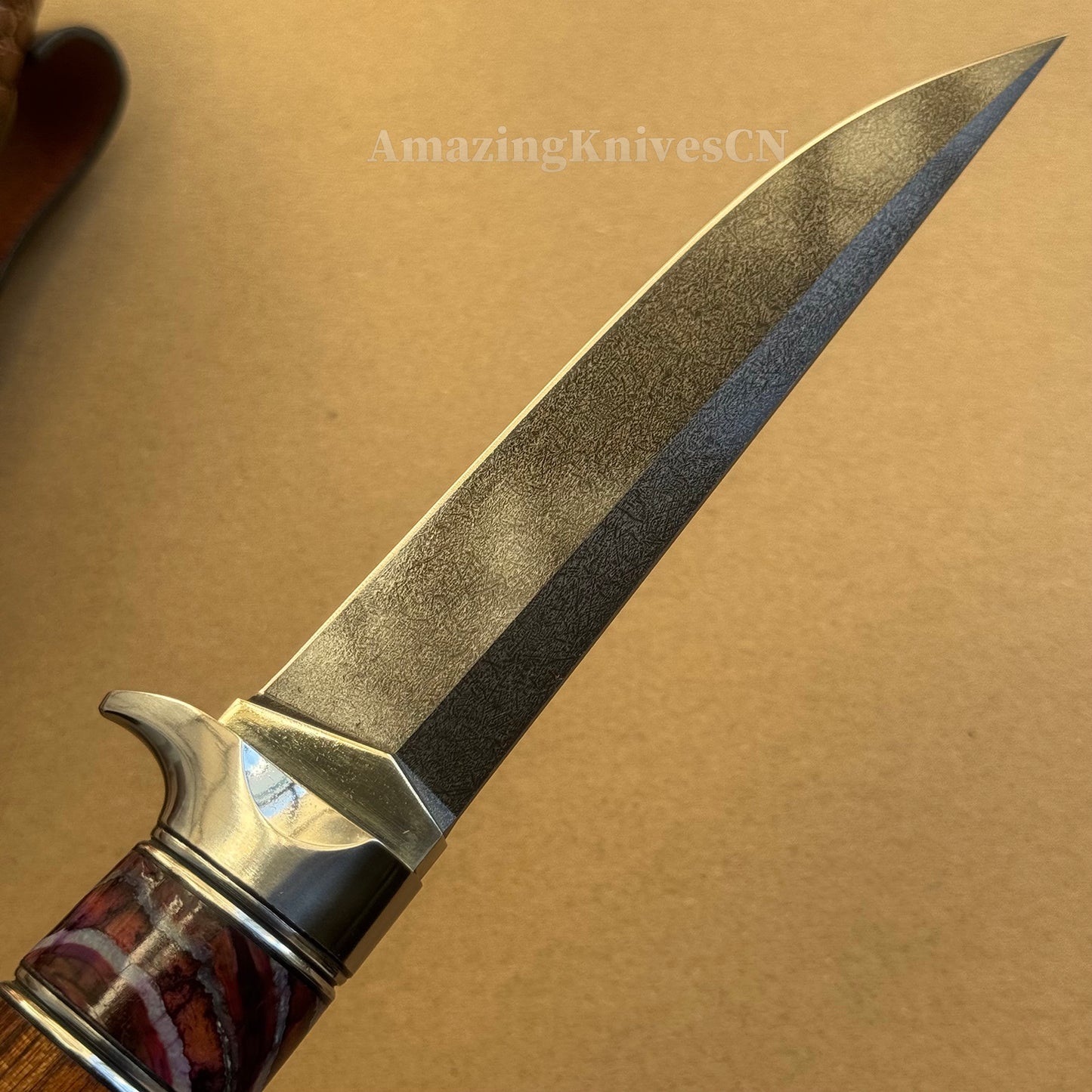 Handcrafted Wootz Steel Fixed Blade Bowie Collectible Knife Desert Ironwood Handle with Leather Sheath - AK-HT0957