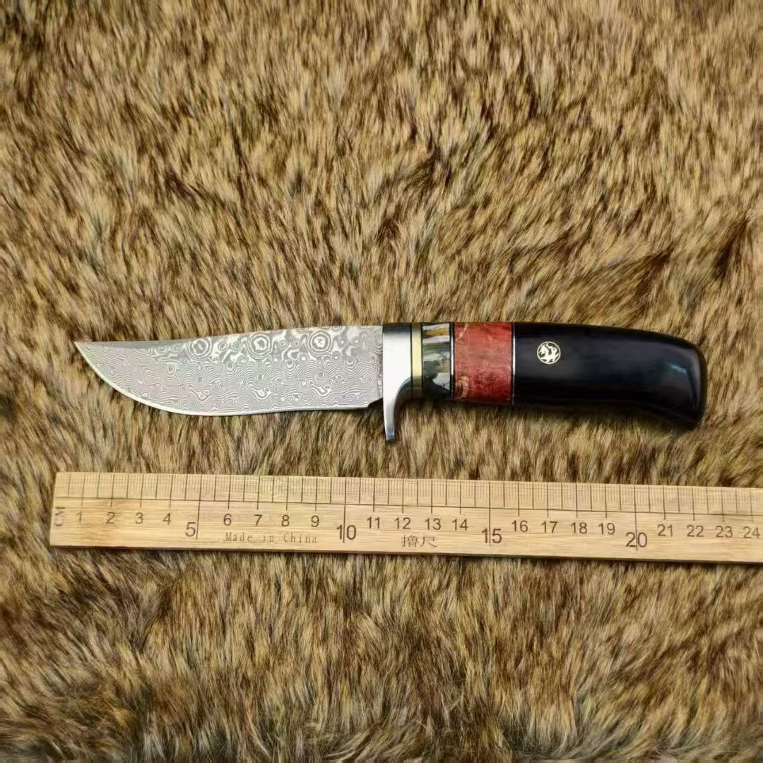 Nordic Fixed Blade Knife – Solid Damascus Steel, Mammoth Molar Fossil & Ebony Burl Handle - AK-HT1050