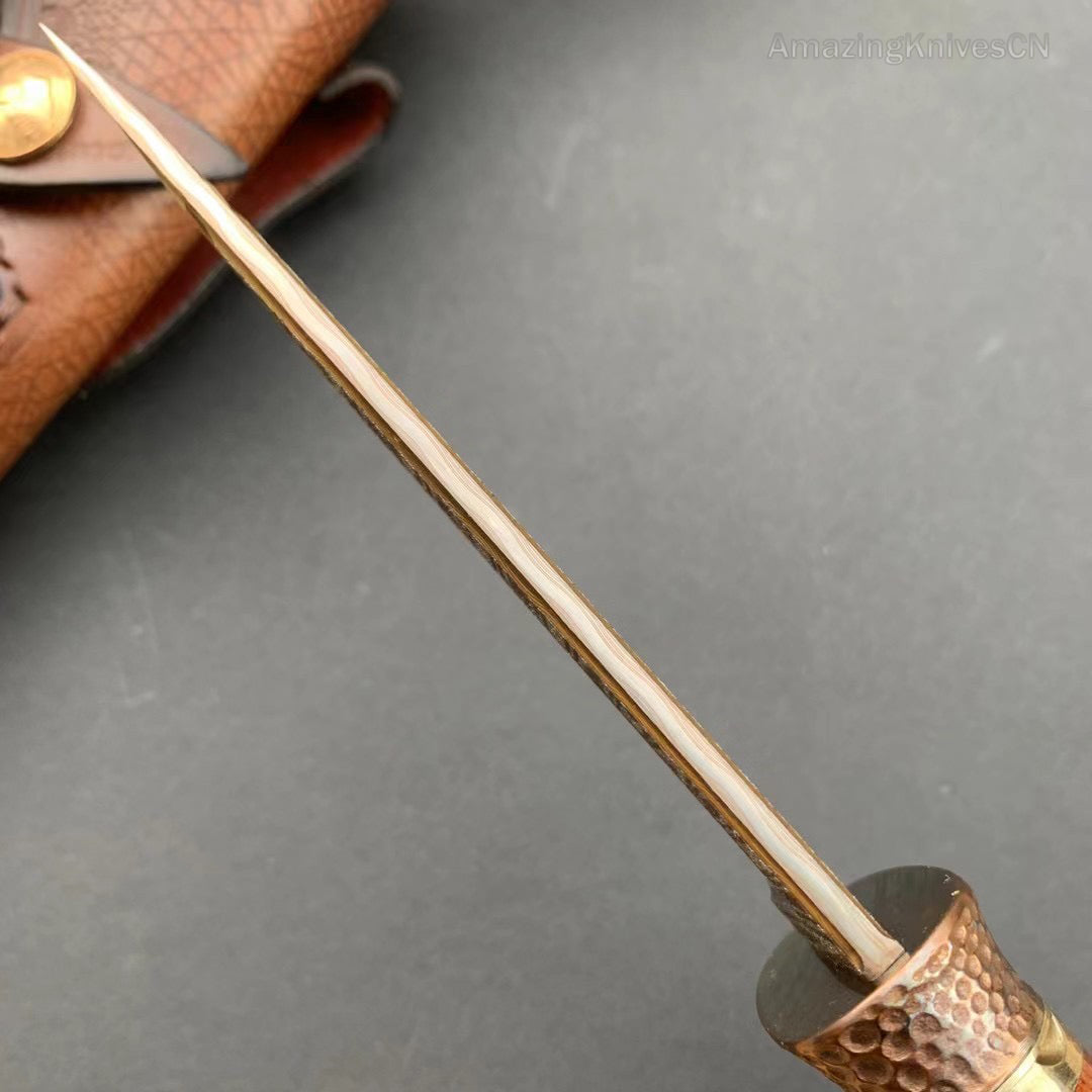 Collectible Handcrafted Copper Damascus Steel Knife Full Tang Desert Ironwood - AK-HT0910-1