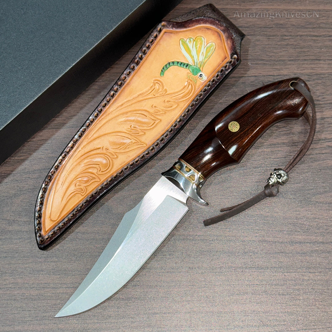 High Quality M390 Steel Bowie Knife Fixed Blade Ironwood Handle with Leather Sheath - AK-HT0853